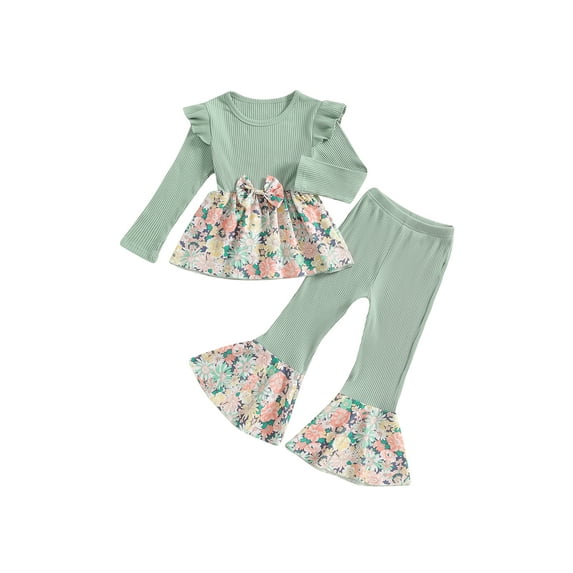 Suealasg Toddler Kids Girl Fall 2Pcs Outfits Long Sleeve Flower Print T-shirt Top Flare Pants 1T 2T 3T 4T 5T 6T Little Girls Autumn Clothes Set