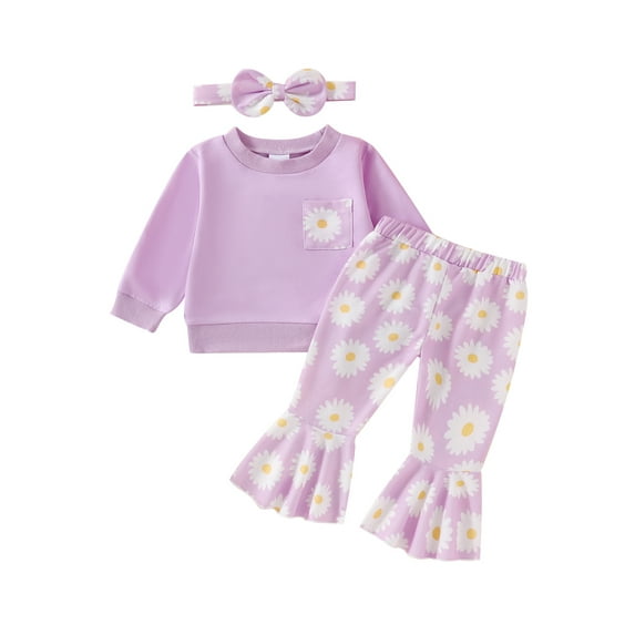 Suealasg Toddler Kids Girl Fall Outfits 1T 2T 3T 4T Long Sleeve Tops Daisy Print Flare Pants Headband 3Pcs Baby Girl Autumn Clothing