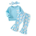 thumbnail image 1 of Suealasg Toddler Kids Girl Fall Outfits 1T 2T 3T 4T Long Sleeve Tops Daisy Print Flare Pants Headband 3Pcs Baby Girl Autumn Clothing, 1 of 7
