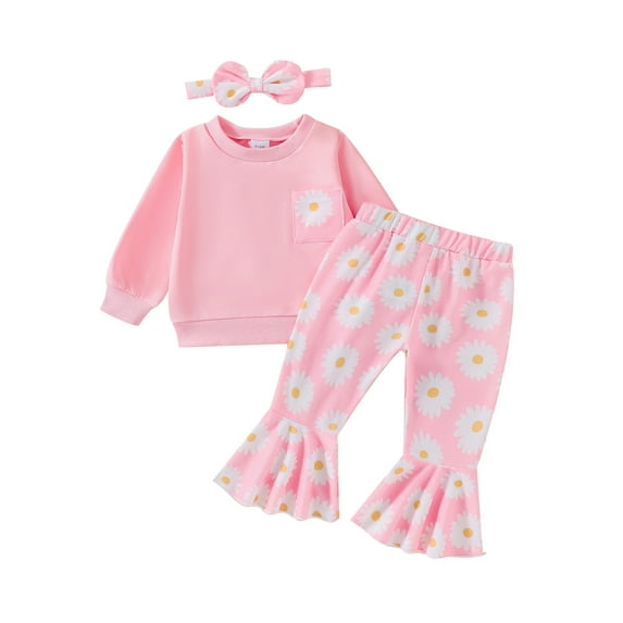 Suealasg Toddler Kids Girl Fall Outfits 1T 2T 3T 4T Long Sleeve Tops Daisy Print Flare Pants Headband 3Pcs Baby Girl Autumn Clothing