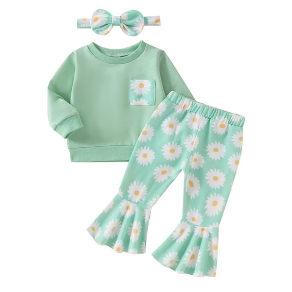Suealasg Toddler Kids Girl Fall Outfits 1T 2T 3T 4T Long Sleeve Tops Daisy Print Flare Pants Headband 3Pcs Baby Girl Autumn Clothing