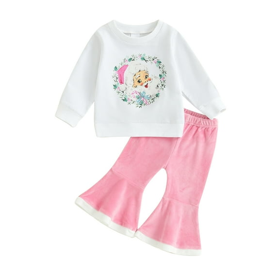 Suealasg Toddler Kids Girls Christmas Outfits Clothes Little Girls Long Sleeve Santa Claus Print Sweatshirt Flared Pants Sets 6M 1T 2T 3T 4T Child Girls 2Pcs Christmas Pants Set
