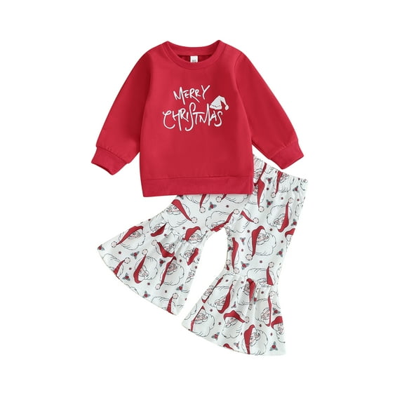 Suealasg Toddler Kids Girls Christmas Pants Sets 6M 1T 2T 3T Long Sleeve Letter Print Sweatshirt Santa Claus Print Pants Sets Infant Baby Christmas-themed Clothing