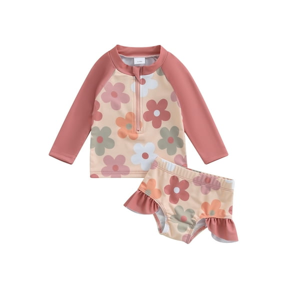 Suealasg Toddler Little Girl Swimsuit Set Flower Zip-up Rash Guard Long Sleeve Swim Tops Shorts 2Pcs Bathing Suit Set