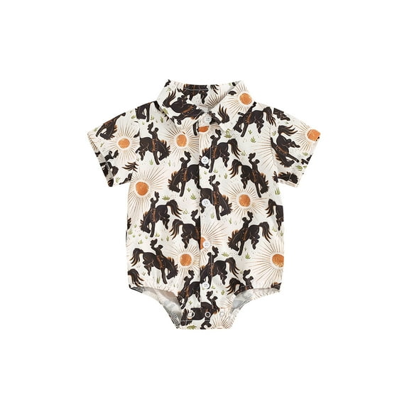 Suealasg Western Baby Boy Romper 3 6 12 18 Months Infant Boys Short Sleeve Horse Print Lapel Bodysuit Newborn Summer Jumpsuits Clothes