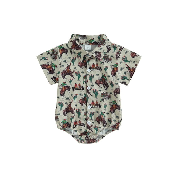 Suealasg Western Baby Boys Clothes 3M 6M 12M 18M Short Sleeve Boots/Horse/Cactus Print Turn-Down Collar Shirts Romper Infant Boys One Piece Bodysuits