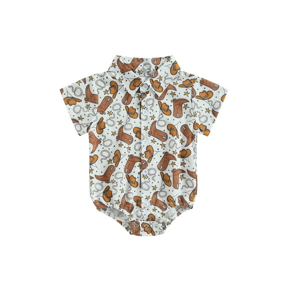 Suealasg Western Baby Boys Clothes 3M 6M 12M 18M Short Sleeve Boots/Horse/Cactus Print Turn-Down Collar Shirts Romper Infant Boys One Piece Bodysuits