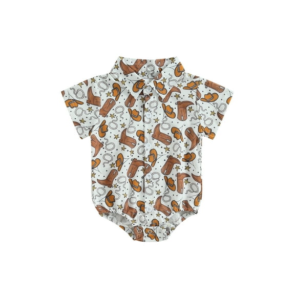 Suealasg Western Baby Boys Clothes 3M 6M 12M 18M Short Sleeve Boots/Horse/Cactus Print Turn-Down Collar Shirts Romper Infant Boys One Piece Bodysuits