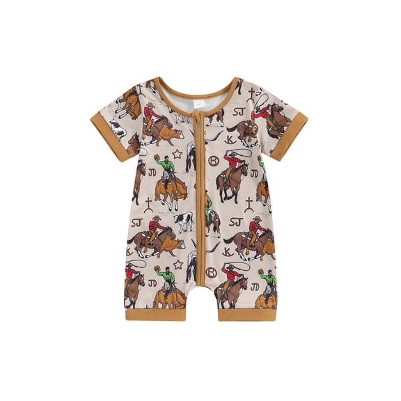 Suealasg Western Baby Boys Clothes Short Sleeve Crew Neck Cattle Horse Print Zipped Jumpsuit 3M 6M 12M 18M Infant Boys Summer Romper Bodysuit