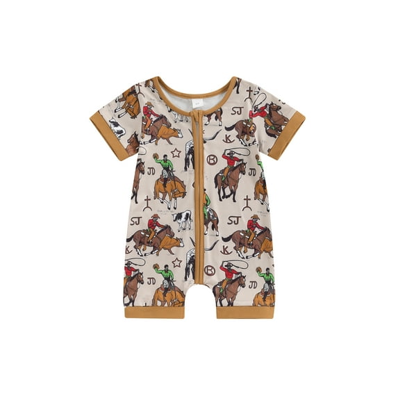 Suealasg Western Baby Boys Clothes Short Sleeve Crew Neck Cattle Horse Print Zipped Jumpsuit 3M 6M 12M 18M Infant Boys Summer Romper Bodysuit