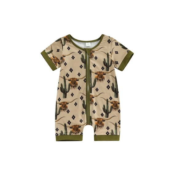 Suealasg Western Baby Boys Clothes Short Sleeve Crew Neck Cattle Horse Print Zipped Jumpsuit 3M 6M 12M 18M Infant Boys Summer Romper Bodysuit