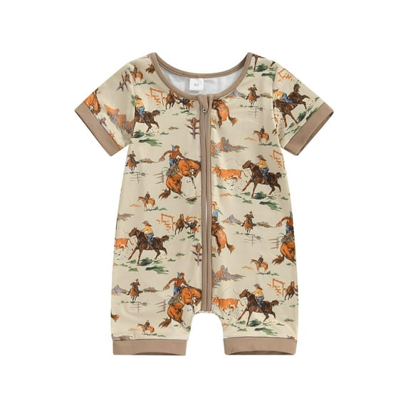 Suealasg Western Baby Boys Clothes Short Sleeve Crew Neck Cattle Horse Print Zipped Jumpsuit 3M 6M 12M 18M Infant Boys Summer Romper Bodysuit