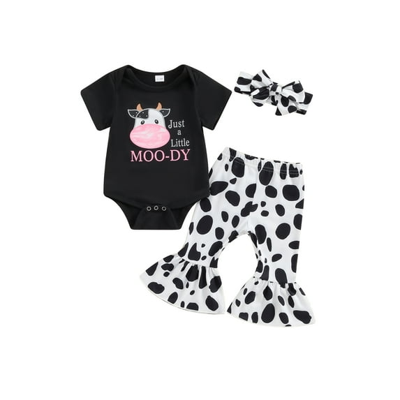 Suealasg Western Baby Girl Outfit Sets Short Sleeve Letter Cow Print Romper Flare Pants Headband Sets 3Pcs Newborn Girl Summer Farm Clothes