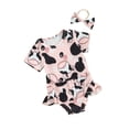 thumbnail image 1 of Suealasg Western Baby Girl Outfits Clothes Short Sleeve Cow Print Romper + Ruffled Shorts + Headband Set 3Pcs Summer Clothing for Newborn Girl, 1 of 9