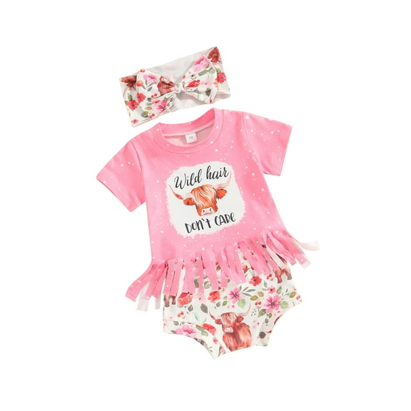 Suealasg Western Baby Girl Outfits Clothes Short Sleeve Cow Print Tassel Tops+ Elastic Waist Shorts + Headband Set 3Pcs Infant Toddler Summer Clothing