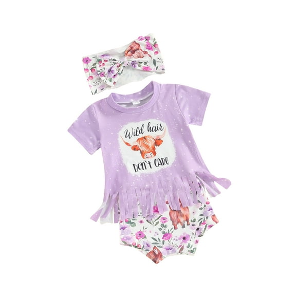 Suealasg Western Baby Girl Outfits Clothes Short Sleeve Cow Print Tassel Tops  Elastic Waist Shorts   Headband Set 3Pcs Infant Toddler Summer Clothing