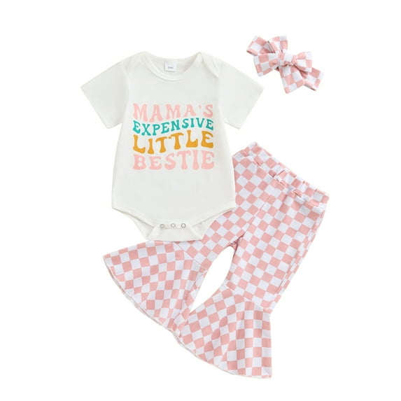 Suealasg Western Baby Girls Clothes Short Sleeve Letter Print Romper +Plaid Flare Pants+Headband 3 6 12 18 Months Newborn Girls Summer Coming Home Outfits
