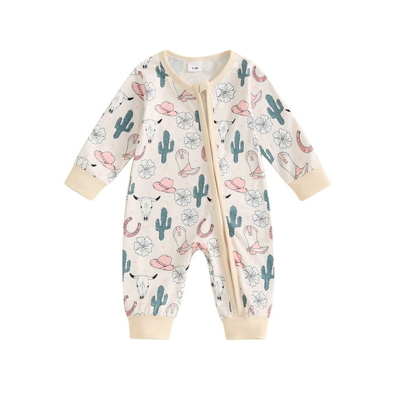 Suealasg Western Baby Girls Fall Jumpsuit 3 6 12 18 24 Months Infant Girls Long Sleeve Cattle Head Cow Cactus Print Zipped Romper Bodysuits Newborn Autumn Country Coming Home Clothes
