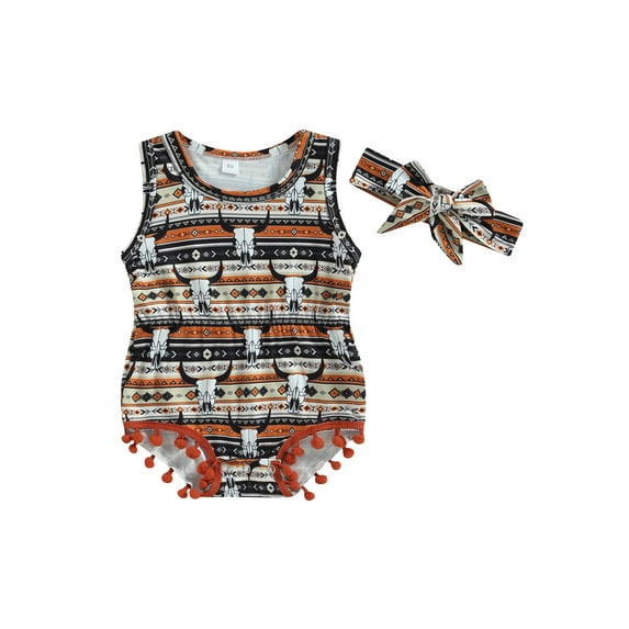 Suealasg Western Infant Baby Girls Outfits Sleeveless Crew Neck Cow Print Tasseled Balls Romper with Bowknot Hairband 2Pcs Summer Clothes Set 0-18M