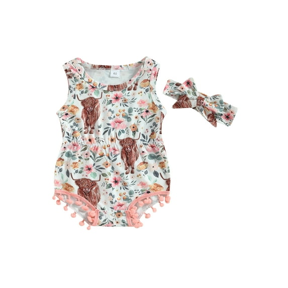 Suealasg Western Infant Baby Girls Outfits Sleeveless Crew Neck Cow Print Tasseled Balls Romper with Bowknot Hairband 2Pcs Summer Clothes Set 0-18M
