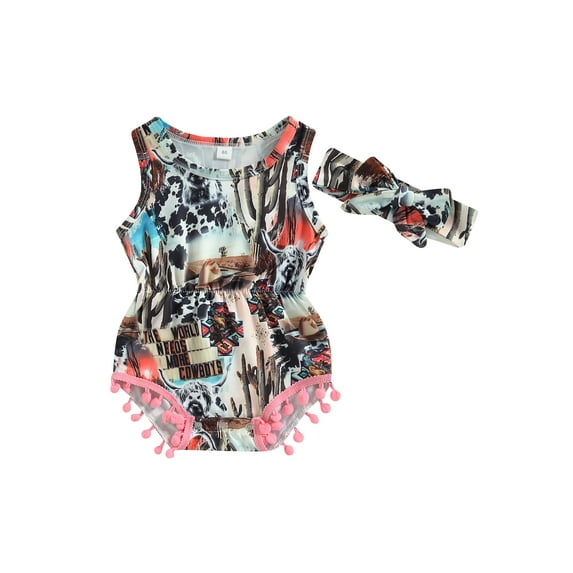 Suealasg Western Infant Baby Girls Outfits Sleeveless Crew Neck Cow Print Tasseled Balls Romper with Bowknot Hairband 2Pcs Summer Clothes Set 0-18M
