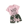 thumbnail image 1 of Suealasg Western Little Girl 2Pcs Outfits Set 1T 2T 3T 4T 5T Kids Girl Short Sleeve Tops + Camouflage Print Shorts Summer Beach Party Clothes for Children Girls, 1 of 9