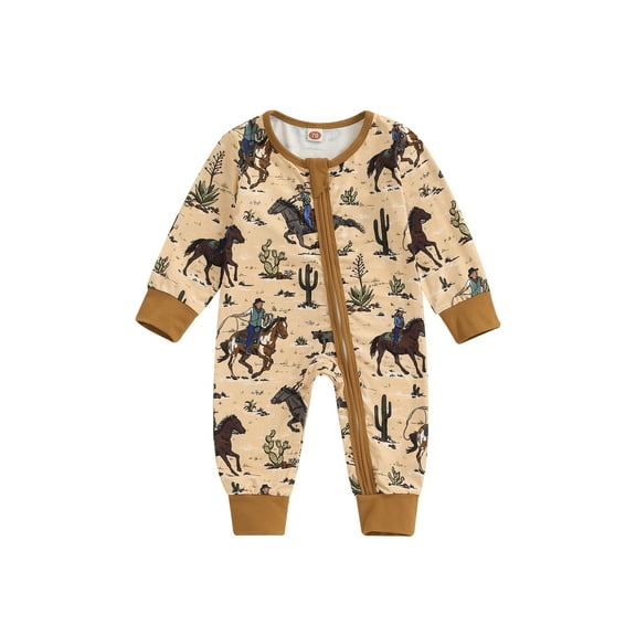 Suealasg Western Newborn Baby Boys Girls Jumpsuit Long Sleeve Horse Print Zipped Romper Bodysuits 3 6 12 18 Months Infant Fall Country Clothes