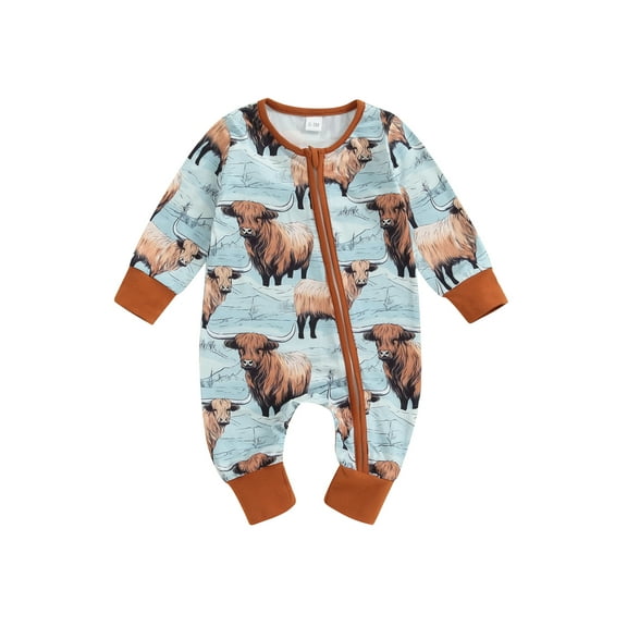 Suealasg Western Newborn Baby Boys Jumpsuit Long Sleeve Cow Print Zipped Romper Bodysuits 3 6 12 Months Infant Autumn Country Coming Home Clothes