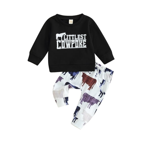 Suealasg Western Toddler Baby Boys Autumn Clothes Long Sleeve Letter Print Sweatshirt Top Cactus/Cow Jogger Pants 6M 12M 18M 24M 3T Kids Boy Cute Cowboy Outfit 0-3 Years