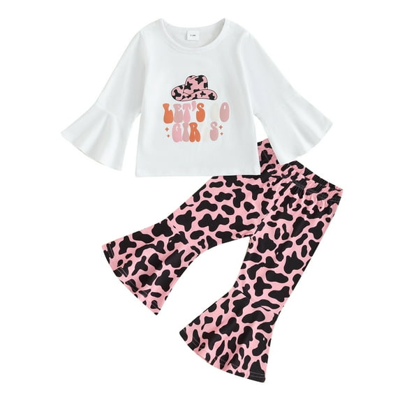 Suealasg Western Toddler Baby Girl Clothes Long Sleeve Letter Print T-Shirt and Cow Print Flare Pants Sets 6M 1T 2T 3T Infant Newborn Girl 2pcs Spring Outfits