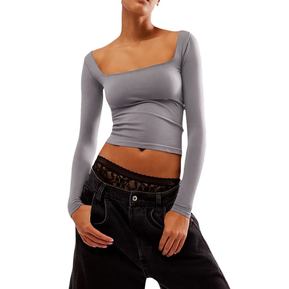 Suealasg Women T-shirt, Long Sleeve Square Neck Solid Slim Fit Ladies Tops for Spring Fall