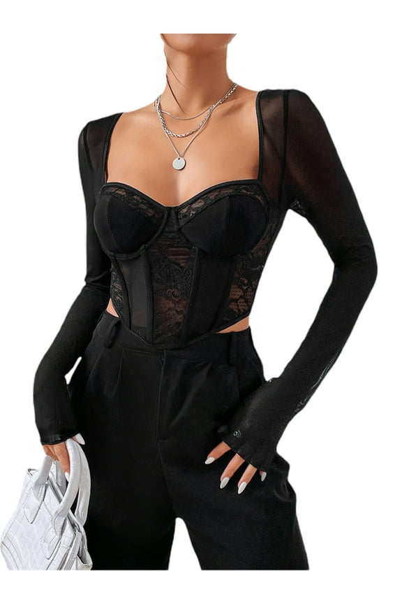 Women’s Corset Crop Tops, Long Sleeve Lace Patchwork Solid Color Asymmetrical Bustier T-Shirts