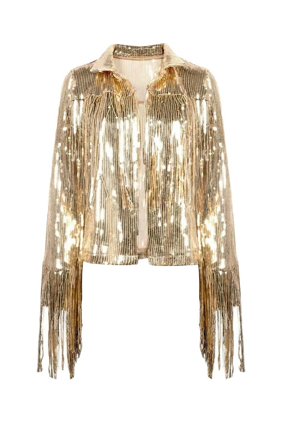 Women's Sequin Party Jackets Sparkly Long Sleeve Open Front Tassel Jackets Blazers Clubwear