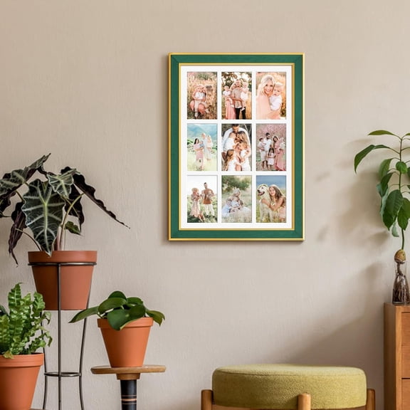 Suede 13.5x19.5 Picture Frame Display 9 Opening 4x6 Picture Frames Collage Wall Decor with Mat,Multi Photo Frame for Plexiglass,Wall Decor,1Pack,Green