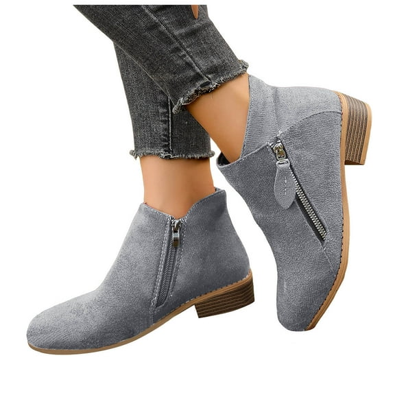 Suede Ankle Boots for Women Casual Round Toe Low Stacked Heel Zip up Business Work Dress Fall Booties