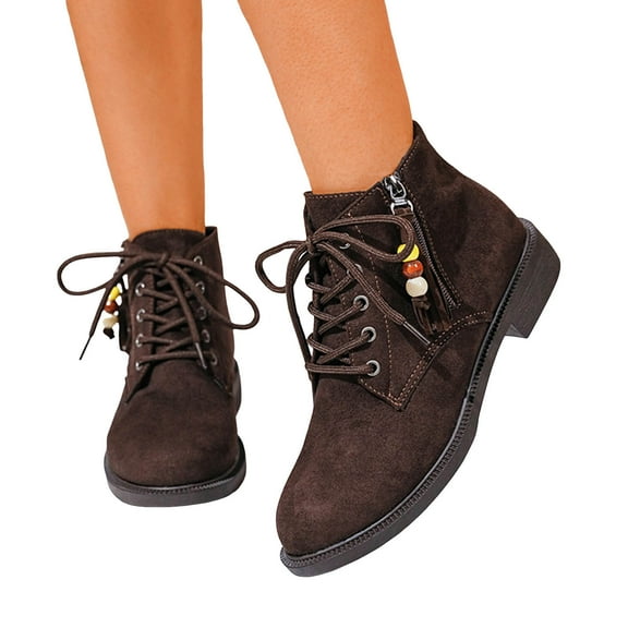 Suede Ankle Boots for Women Lace up Low Heel Casual Dressy Short Fall Booties with Bead Fringe Zipper