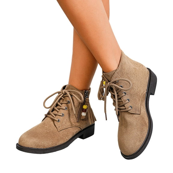 Suede Ankle Boots for Women Lace up Low Heel Casual Dressy Short Fall Booties with Bead Fringe Zipper