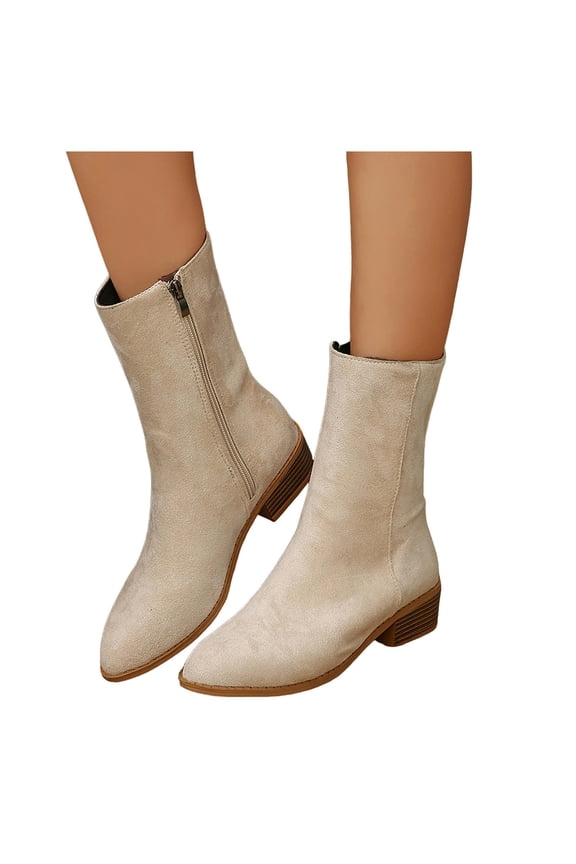 Suede Ankle Boots for Women Low Stacked Heeled Booties Casual Dressy Zipper Mid Calf Fall Boots