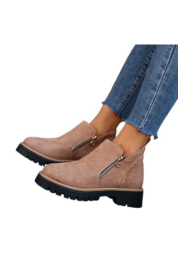 Suede Ankle Boots for Women Lug Sole Low Heel Casual Round Toe Zipper Booties Comfy Slip on Fall Boots