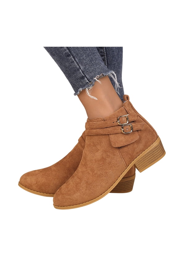 Suede Ankle Boots for Women Trendy Buckle Strappy Casual Dressy Chunky Stacked Heel Zip up Fall Short Booties