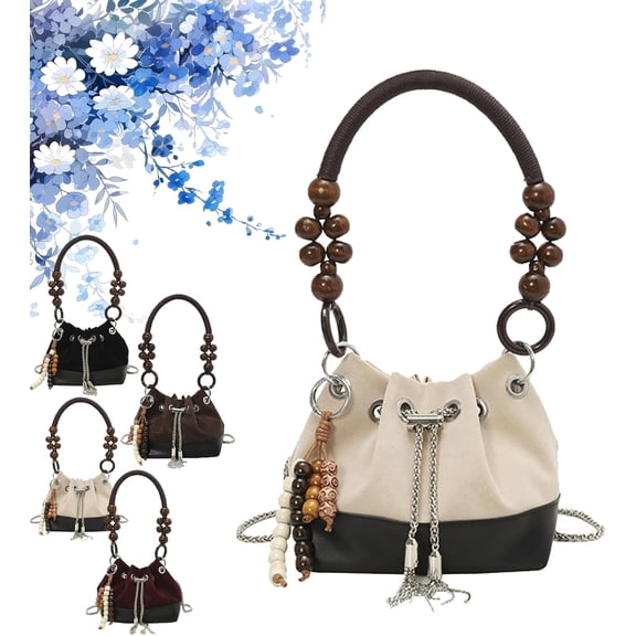 Suede Beaded Drawstring Bucket Bag,Bucket Bag Suede Beaded Drawstring Shoulder Purse,Beads Charm Retro