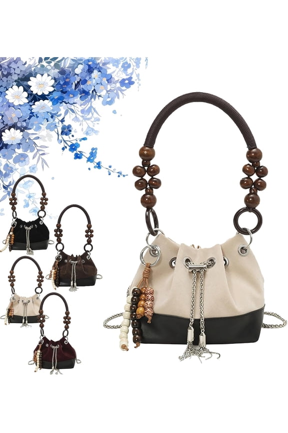 Suede Beaded Drawstring Bucket Bag,Bucket Bag Suede Beaded Drawstring Shoulder Purse,Beads Charm Retro