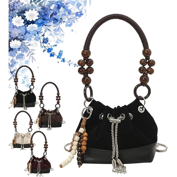 Suede Beaded Drawstring Bucket Bag,Bucket Bag Suede Beaded Drawstring Shoulder Purse,Beads Charm Retro