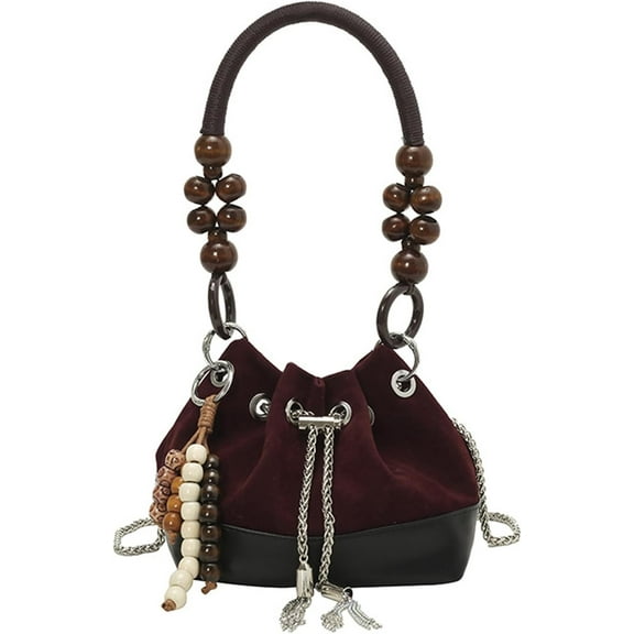 Suede Beaded Drawstring Bucket Bag, Trendy Versatile Lightweight Handbag, Charm Retro Shoulder Bag with Chain