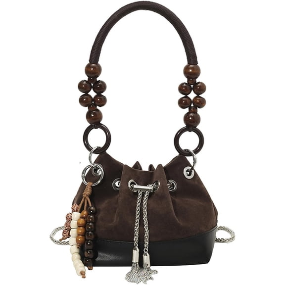 Suede Beaded Drawstring Bucket Bag, Trendy Versatile Lightweight Handbag, Charm Retro Shoulder Bag with Chain