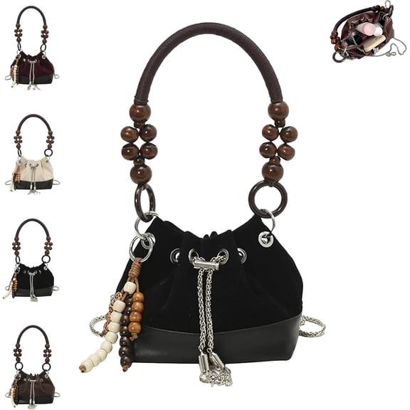 Suede Beaded Drawstring Bucket Bag, Vintage Crossbody Bag with Chain Strap, Lightweight Shoulder Purse for Women