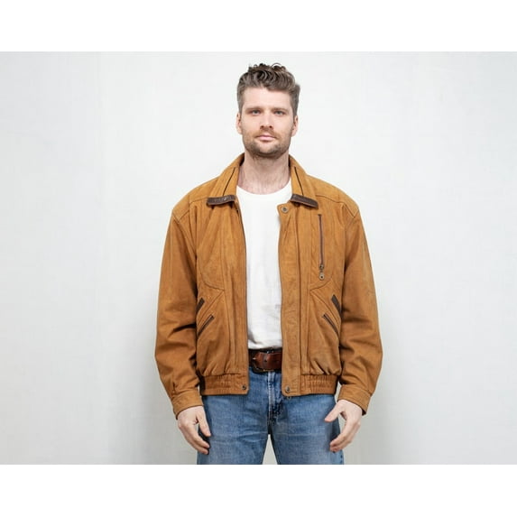 Suede Bomber Jacket men vintage 90's casual jacket caramel brown suede leather jacket stretchy hem vintage clothing