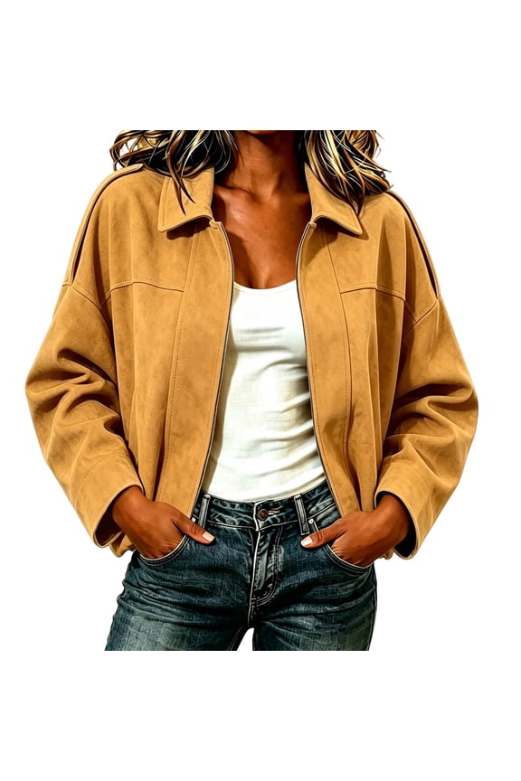 Suede Bomber Jackets For Women Lapel Button Down Zip Up Cardigan Casual Loose Fashion Fall Winter Outwear (M, Yellow)