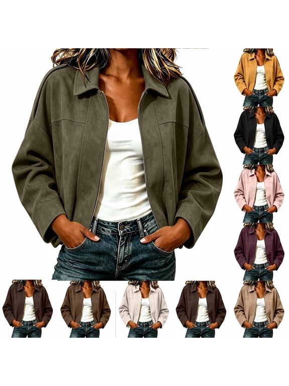 Suede Bomber Jackets For Women Lapel Button Down Zip Up Cardigan Casual Loose Fashion Fall Winter Outwear (XL, Army Green)