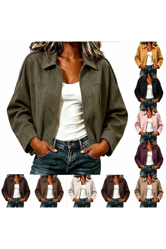 Suede Bomber Jackets For Women Lapel Button Down Zip Up Cardigan Casual Loose Fashion Fall Winter Outwear (XL, Army Green)